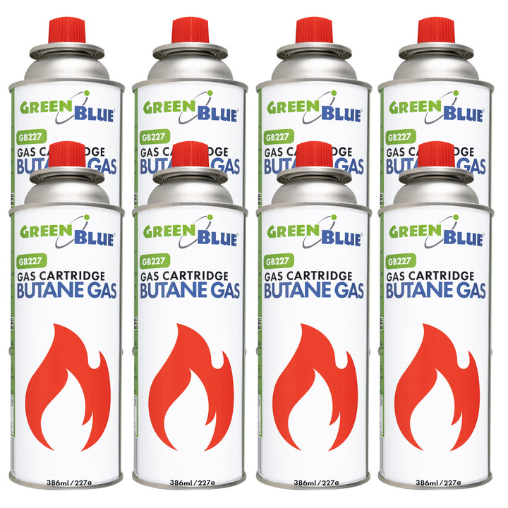 8x plynová náplň 227 g GreenBlue. Certifikát: Pi 0875, v súlade s normou EN 417, bután, prevádzkový rozsah -10 °C až +40 °C, GB227
