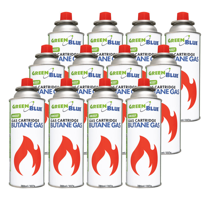 12 ks plynových náplní 227 g GreenBlue. Certifikát: Pi 0875, v súlade s normou EN 417, bután, prevádzkový rozsah -10 °C až +40 °C, GB227