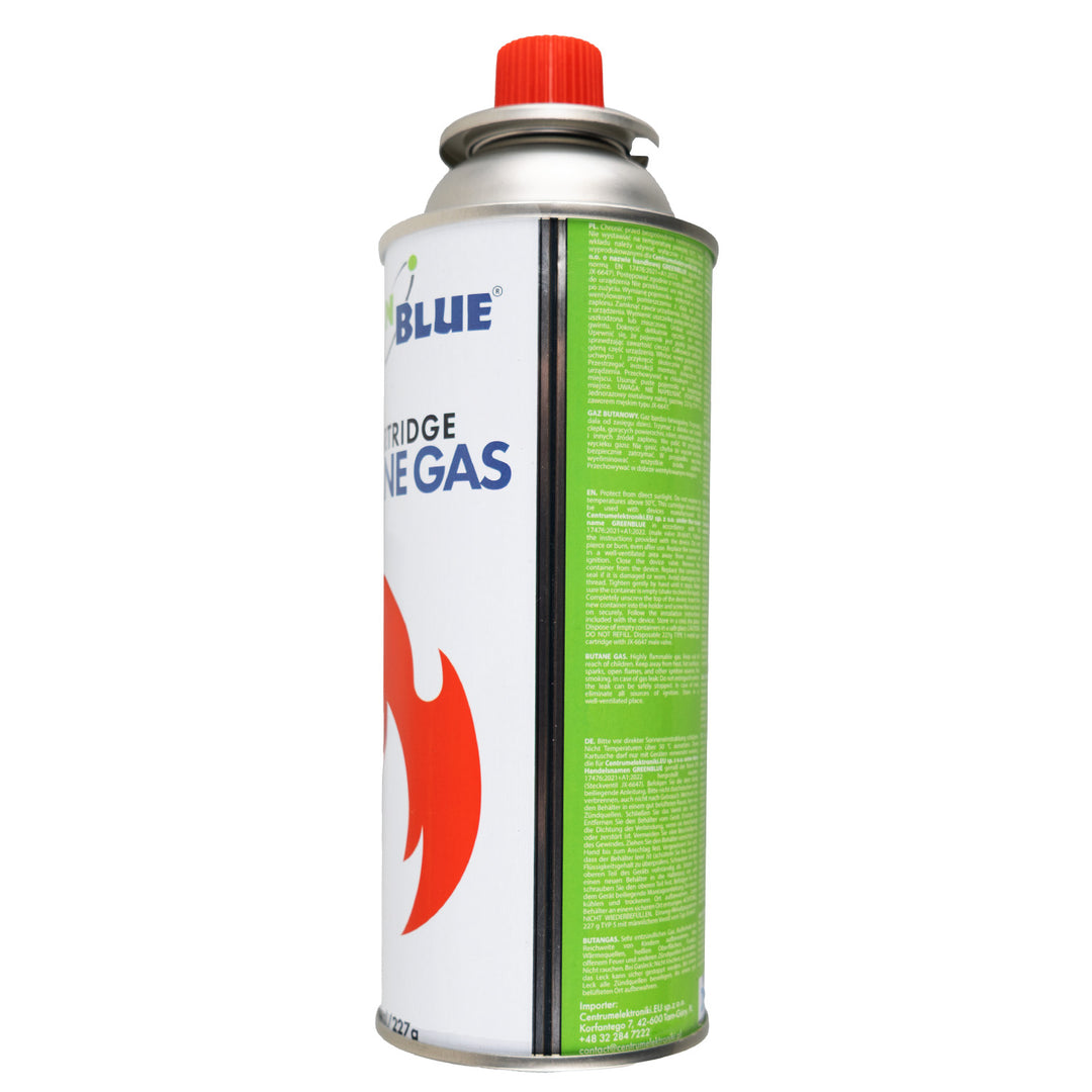16 ks plynových náplní 227 g GreenBlue. Certifikát: Pi 0875, v súlade s normou EN 417, bután, prevádzkový rozsah -10 °C až +40 °C, GB227