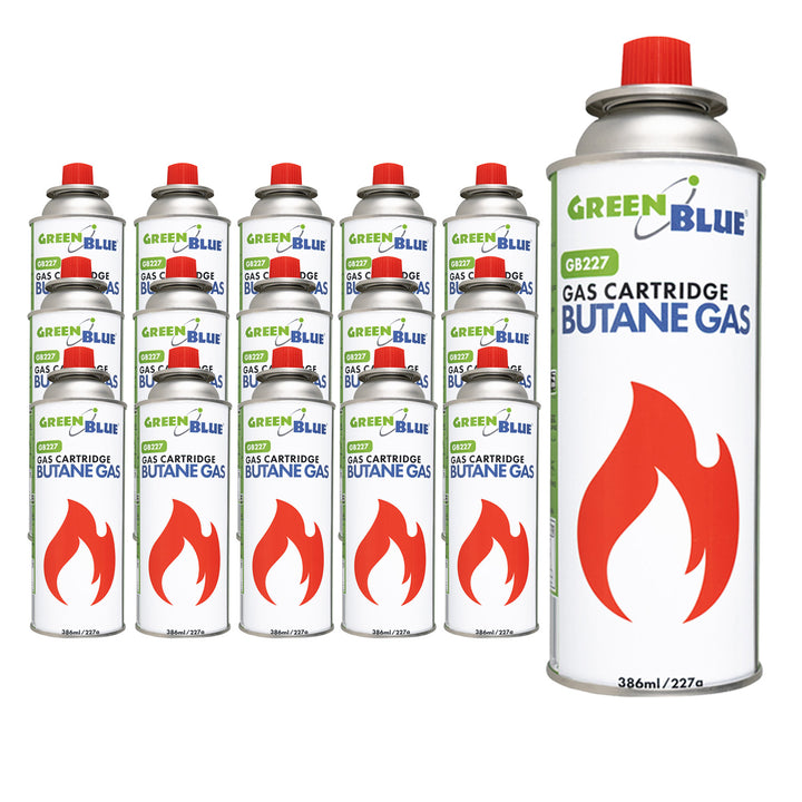 16 ks plynových náplní 227 g GreenBlue. Certifikát: Pi 0875, v súlade s normou EN 417, bután, prevádzkový rozsah -10 °C až +40 °C, GB227