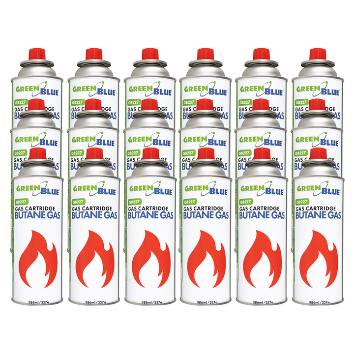 18 ks plynových náplní 227 g GreenBlue. Certifikát: Pi 0875, v súlade s normou EN 417, bután, prevádzkový rozsah -10 °C až +40 °C, GB227