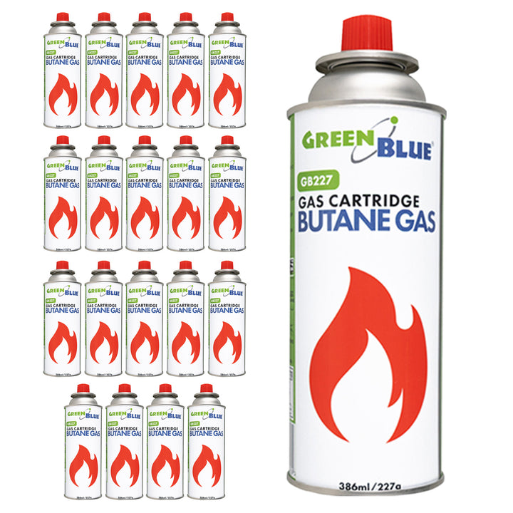 20 ks plynových náplní 227 g GreenBlue. Certifikát: Pi 0875, v súlade s normou EN 417, bután, prevádzkový rozsah -10 °C až +40 °C, GB227