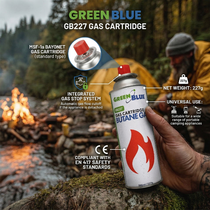 28x plynová náplň 227 g GreenBlue. Certifikát: Pi 0875, v súlade s normou EN417, bután, prevádzkový rozsah -10 °C až +40 °C, GB227