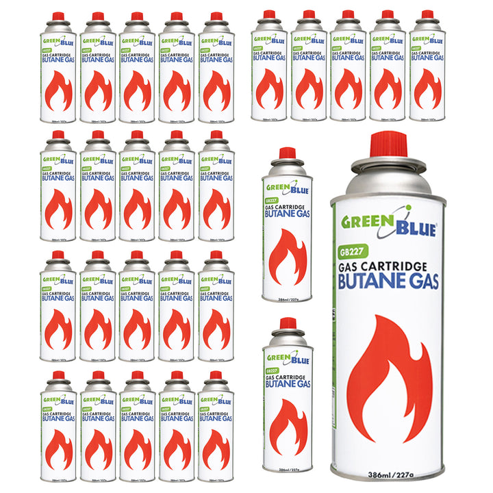 28x plynová náplň 227 g GreenBlue. Certifikát: Pi 0875, v súlade s normou EN417, bután, prevádzkový rozsah -10 °C až +40 °C, GB227