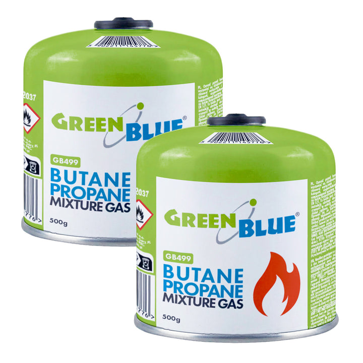 2x plynová náplň 500 g GreenBlue. Certifikát: Pi 0437, v súlade s normou EN 417, bután-propán, teplotný rozsah od -10 °C do +40 °C, závitový ventil 7/16'' GB499