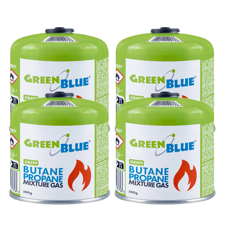 4x plynová náplň 500 g GreenBlue. Certifikát: Pi 0437, v súlade s normou EN 417, bután-propán, teplotný rozsah od -10 °C do +40 °C, závitový ventil 7/16'' GB499