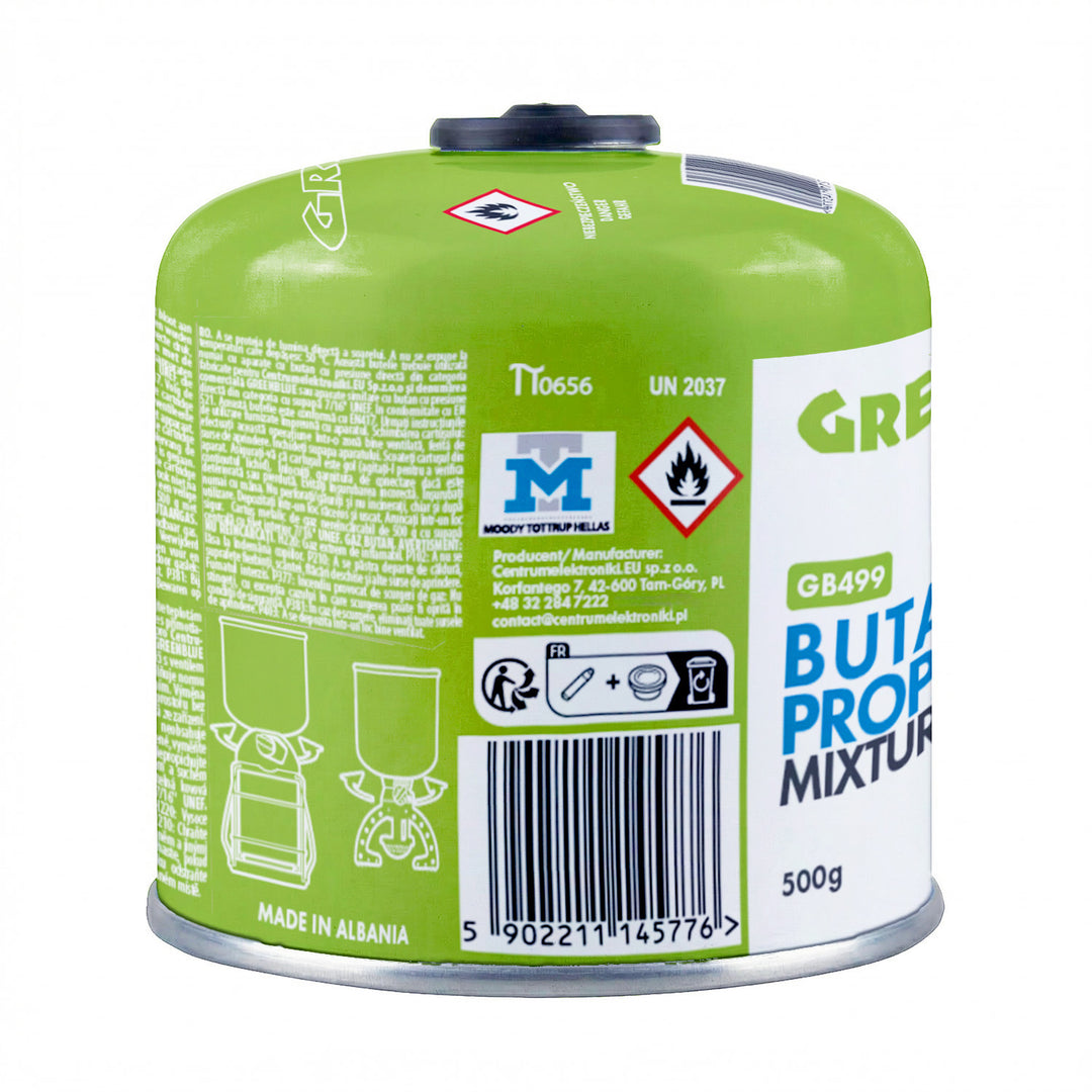 6x plynová náplň 500 g GreenBlue. Certifikát: Pi 0437, v súlade s normou EN 417, bután-propán, teplotný rozsah -10 °C až +40 °C, závitový ventil 7/16'' GB499