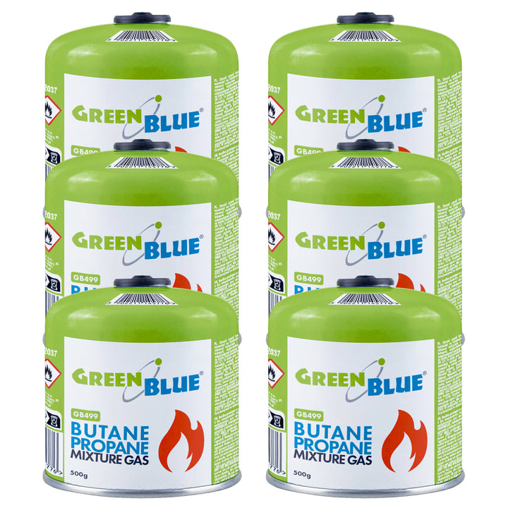 6x plynová náplň 500 g GreenBlue. Certifikát: Pi 0437, v súlade s normou EN 417, bután-propán, teplotný rozsah -10 °C až +40 °C, závitový ventil 7/16'' GB499