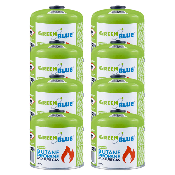 8x plynová náplň 500 g GreenBlue. Certifikát: Pi 0437, v súlade s normou EN 417, bután-propán, teplotný rozsah -10 °C až +40 °C, závitový ventil 7/16'' GB499