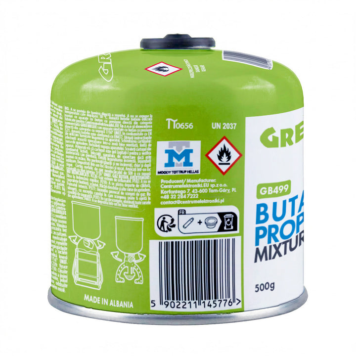 10 ks plynových náplní GreenBlue 500 g. Certifikát: Pi 0437, v súlade s normou EN 417, bután-propán, teplotný rozsah -10 °C až +40 °C, závitový ventil 7/16'' GB499