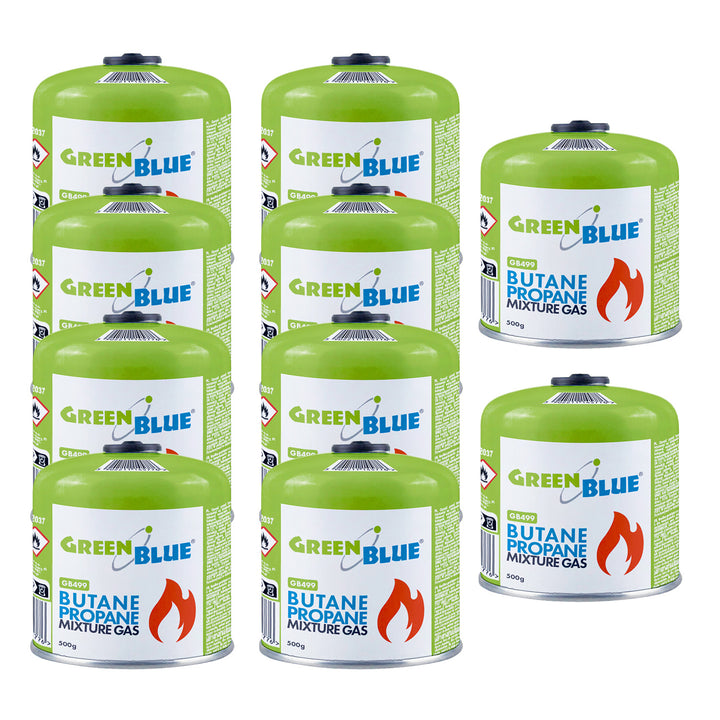 10 ks plynových náplní GreenBlue 500 g. Certifikát: Pi 0437, v súlade s normou EN 417, bután-propán, teplotný rozsah -10 °C až +40 °C, závitový ventil 7/16'' GB499