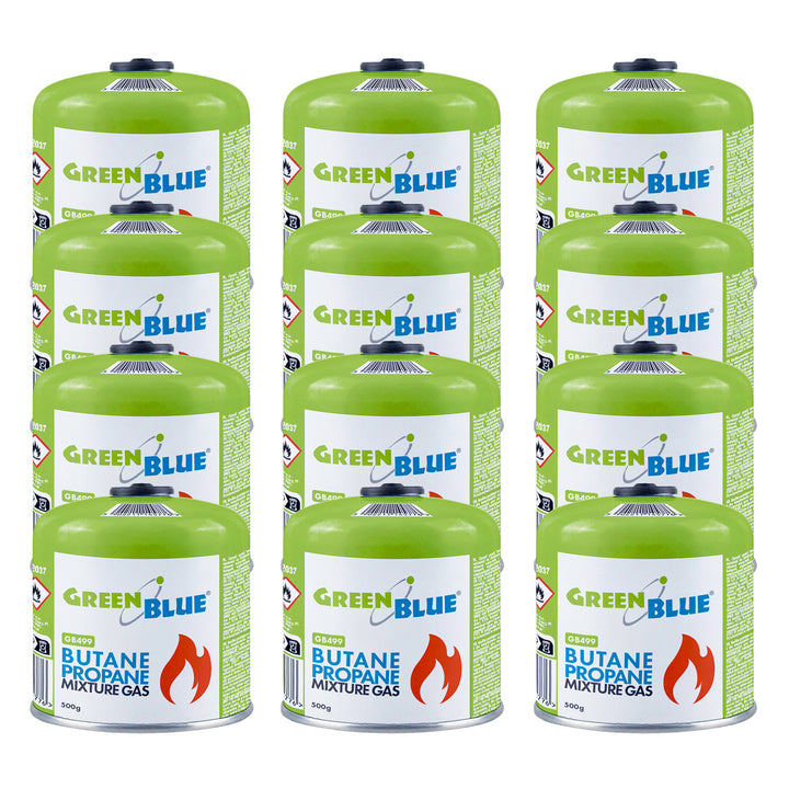 12 ks plynových náplní GreenBlue 500 g. Certifikát: Pi 0437, v súlade s normou EN 417, bután-propán, teplotný rozsah -10 °C až +40 °C, závitový ventil 7/16'' GB499