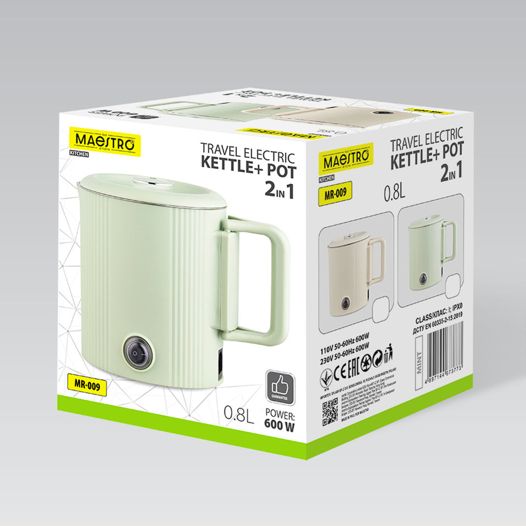 Elektrická rýchlovarná kanvica / cestovný hrniec Maestro, 2 v 1, objem 0,8 l, výkon 600 W, sklopná rukoväť, prepínač napätia 110 V/230 V, mätová farba, MR-009-MINT