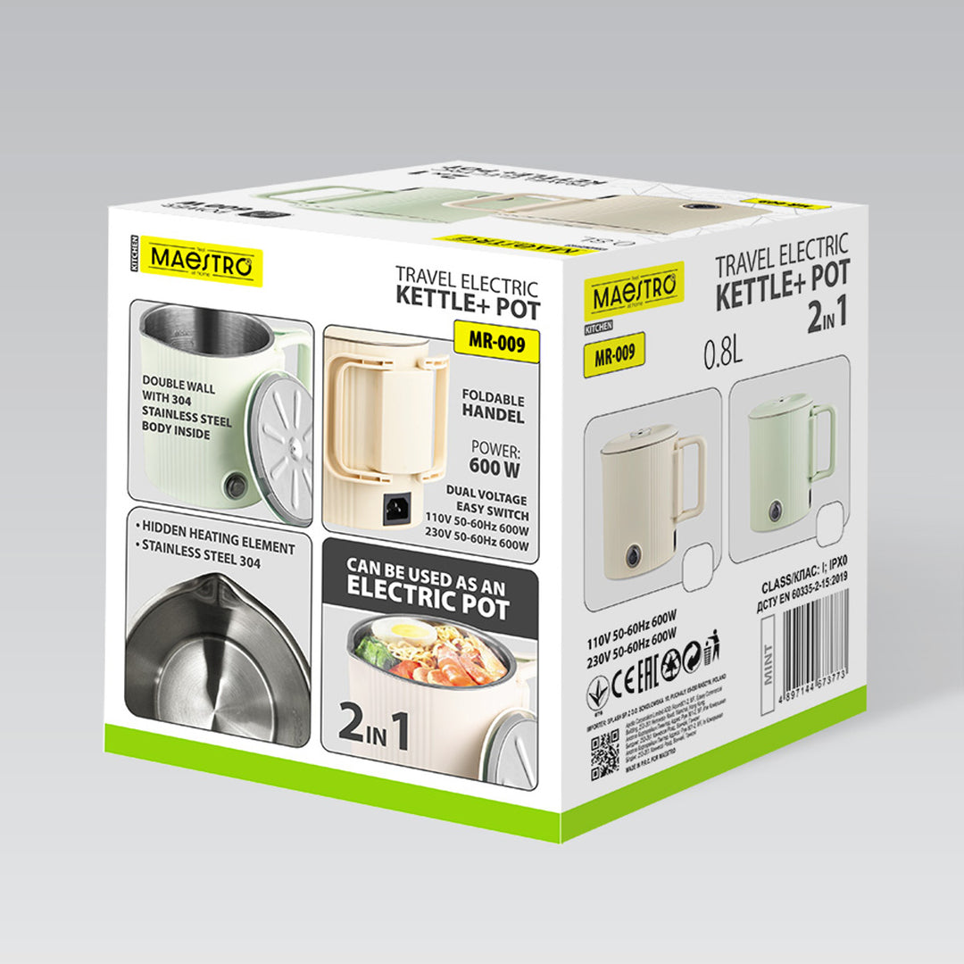 Elektrická rýchlovarná kanvica / cestovný hrniec Maestro, 2 v 1, objem 0,8 l, výkon 600 W, sklopná rukoväť, prepínač napätia 110 V/230 V, mätová farba, MR-009-MINT