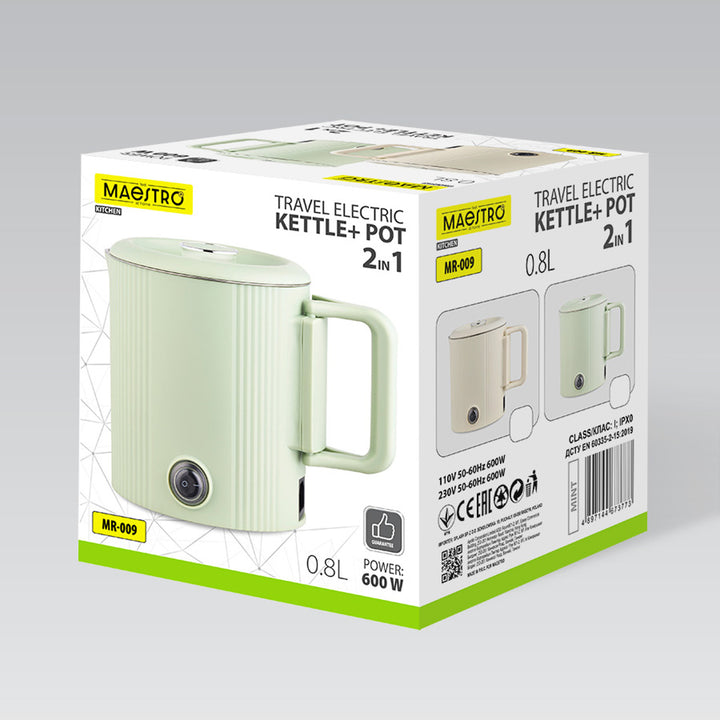 Elektrická rýchlovarná kanvica / cestovný hrniec Maestro, 2 v 1, objem 0,8 l, výkon 600 W, sklopná rukoväť, prepínač napätia 110 V/230 V, farba béžová, MR-009-BEIGE