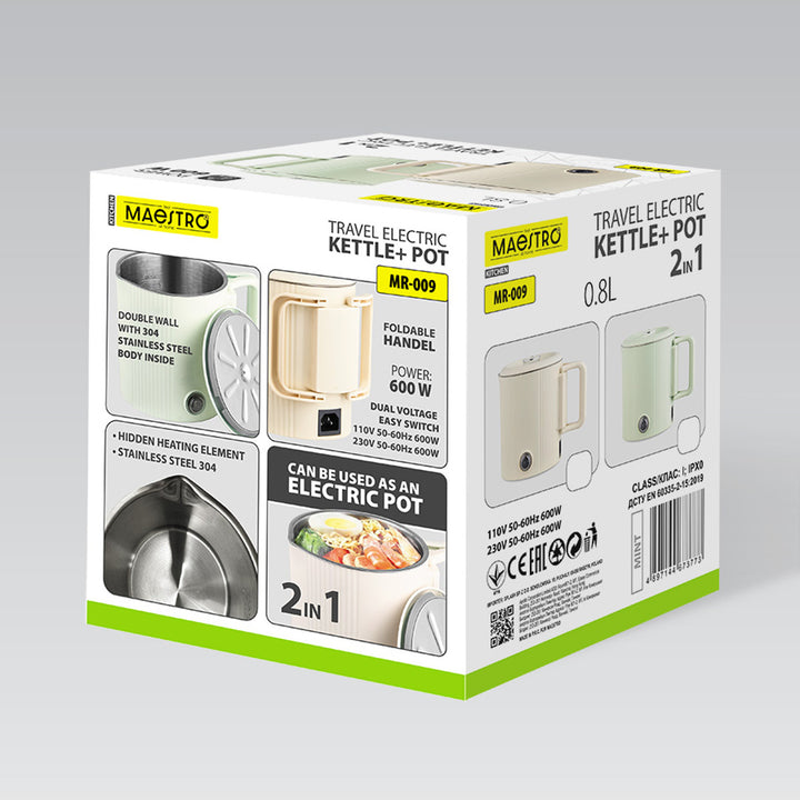Elektrická rýchlovarná kanvica / cestovný hrniec Maestro, 2 v 1, objem 0,8 l, výkon 600 W, sklopná rukoväť, prepínač napätia 110 V/230 V, farba béžová, MR-009-BEIGE