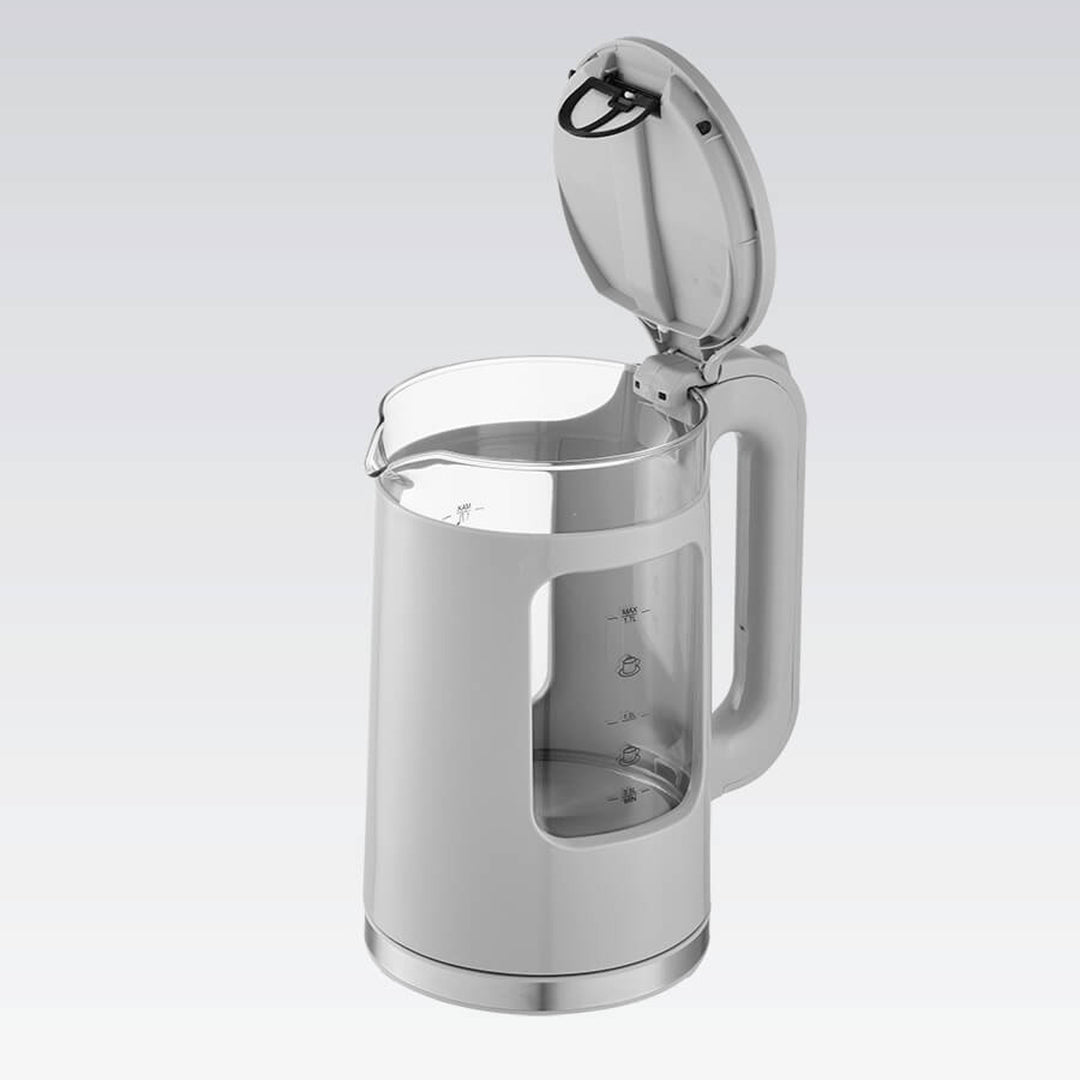 Sklenená rýchlovarná kanvica Maestro, objem 1,7 l, výkon 2200 W, ukazovateľ hladiny vody, LED podsvietenie, otočná základňa, farba sivá, MR-065-GREY