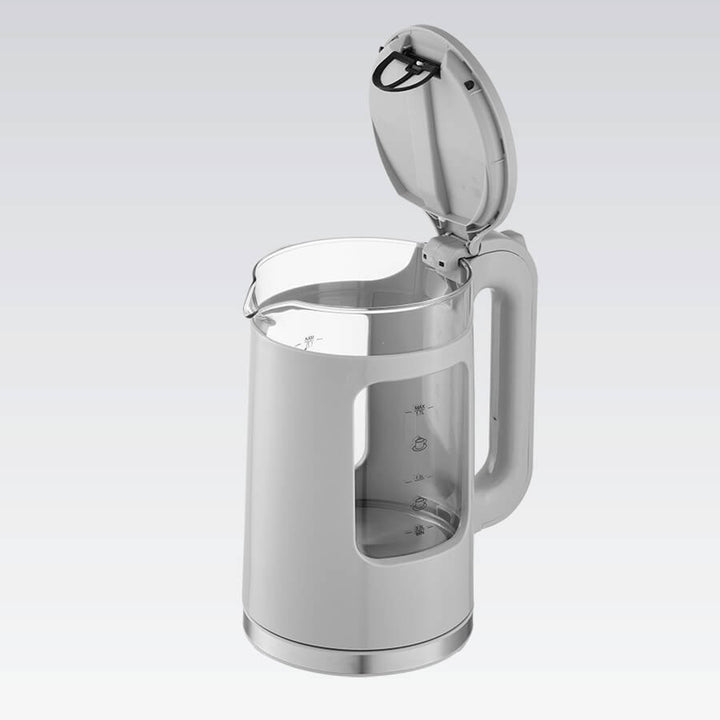 Sklenená rýchlovarná kanvica Maestro, objem 1,7 l, výkon 2200 W, ukazovateľ hladiny vody, LED podsvietenie, otočná základňa, farba sivá, MR-065-GREY
