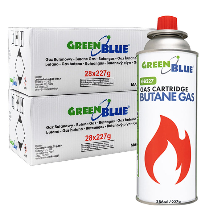 56x plynová náplň 227 g GreenBlue. Certifikát: Pi 0875, v súlade s normou EN 417, bután, prevádzkový rozsah -10 °C až +40 °C, GB227