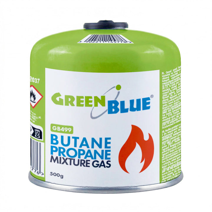 24 ks plynových náplní GreenBlue 500 g. Certifikát: Pi 0437, v súlade s normou EN 417, bután-propán, teplotný rozsah -10 °C až +40 °C, závitový ventil 7/16'' GB499