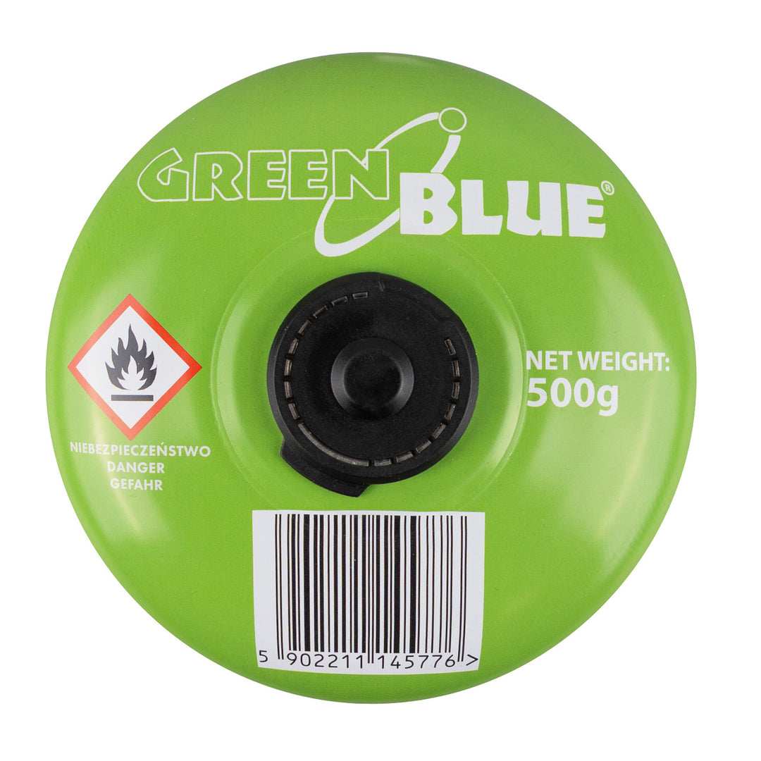 24 ks plynových náplní GreenBlue 500 g. Certifikát: Pi 0437, v súlade s normou EN 417, bután-propán, teplotný rozsah -10 °C až +40 °C, závitový ventil 7/16'' GB499
