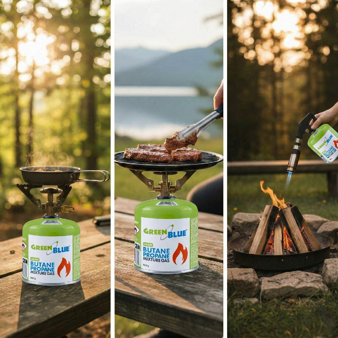 24 ks plynových náplní GreenBlue 500 g. Certifikát: Pi 0437, v súlade s normou EN 417, bután-propán, teplotný rozsah -10 °C až +40 °C, závitový ventil 7/16'' GB499