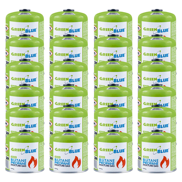 24 ks plynových náplní GreenBlue 500 g. Certifikát: Pi 0437, v súlade s normou EN 417, bután-propán, teplotný rozsah -10 °C až +40 °C, závitový ventil 7/16'' GB499