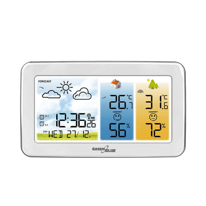 Bezdrôtová meteorologická stanica GreenBlue, teplota + vlhkosť IN/OUT, hodiny/budík/dátum, °C / °F, dosah až 60 m, GB442 W