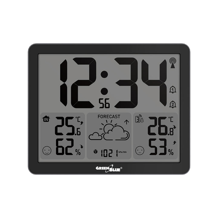 Bezdrôtová meteorologická stanica GreenBlue, teplota a vlhkosť vnútri/vonku, hodiny/budík/dátum, °C / °F, dosah až 60 m, GB443 B