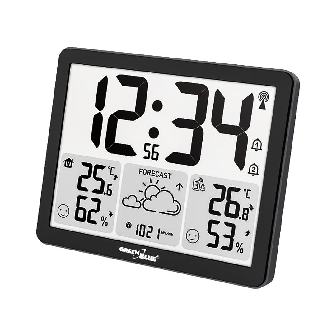 Bezdrôtová meteorologická stanica GreenBlue, teplota a vlhkosť vnútri/vonku, hodiny/budík/dátum, °C / °F, dosah až 60 m, GB443 B