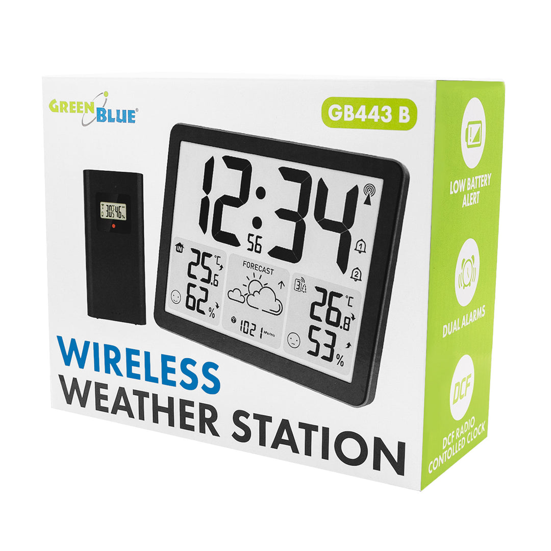 Bezdrôtová meteorologická stanica GreenBlue, teplota a vlhkosť vnútri/vonku, hodiny/budík/dátum, °C / °F, dosah až 60 m, GB443 B