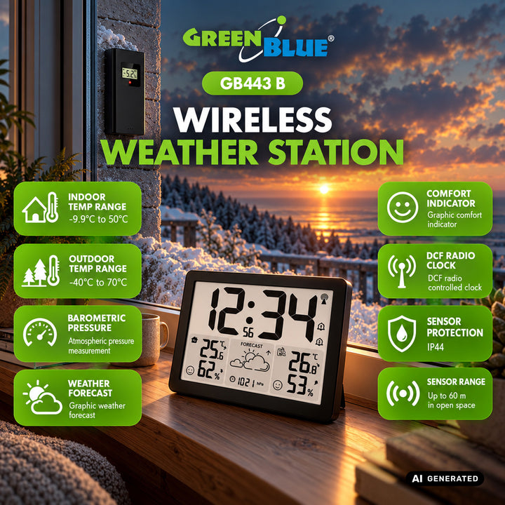 Bezdrôtová meteorologická stanica GreenBlue, teplota a vlhkosť vnútri/vonku, hodiny/budík/dátum, °C / °F, dosah až 60 m, GB443 B