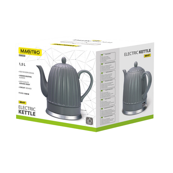 Keramická rýchlovarná kanvica Maestro, farba sivá, výkon 1500 W, objem 1,5 l, otočná základňa, ukazovateľ hladiny vody, napájací kábel 65 cm, MR-077