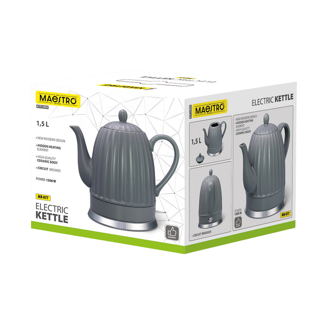 Keramická rýchlovarná kanvica Maestro, farba sivá, výkon 1500 W, objem 1,5 l, otočná základňa, ukazovateľ hladiny vody, napájací kábel 65 cm, MR-077