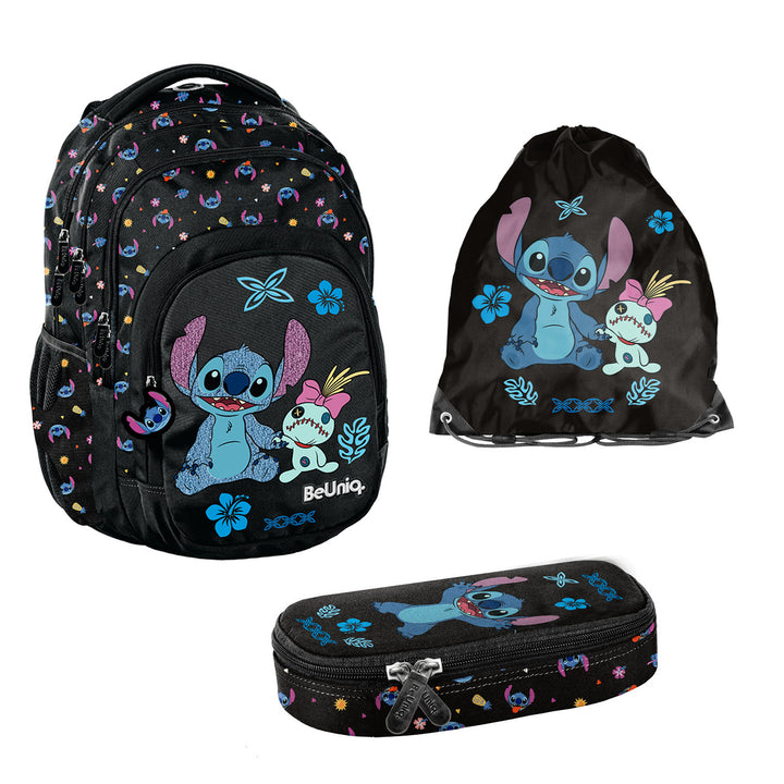 Školská súprava Stitch Paso, batoh s tromi priehradkami, oddelením na notebook a zosilneným dnom, puzdro na písacie potreby s gumičkami, vrece na topánky, ktoré sa dá pripnúť na chrbát, DS26MM