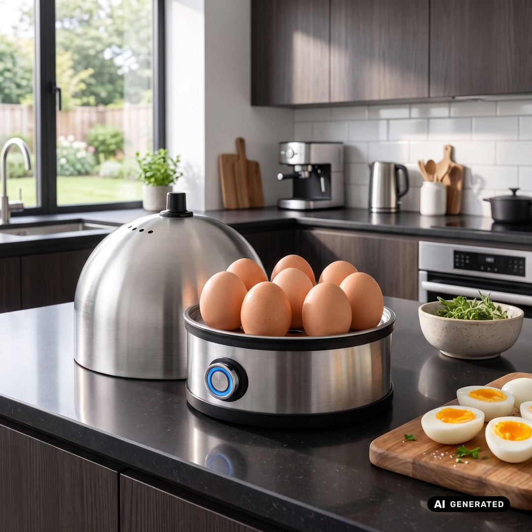 Varenie vajec z nehrdzavejúcej ocele GreenBlue, výkon 200 W, až na 7 vajec, odmerka, 220–240 V~, 50/60 Hz, GB357