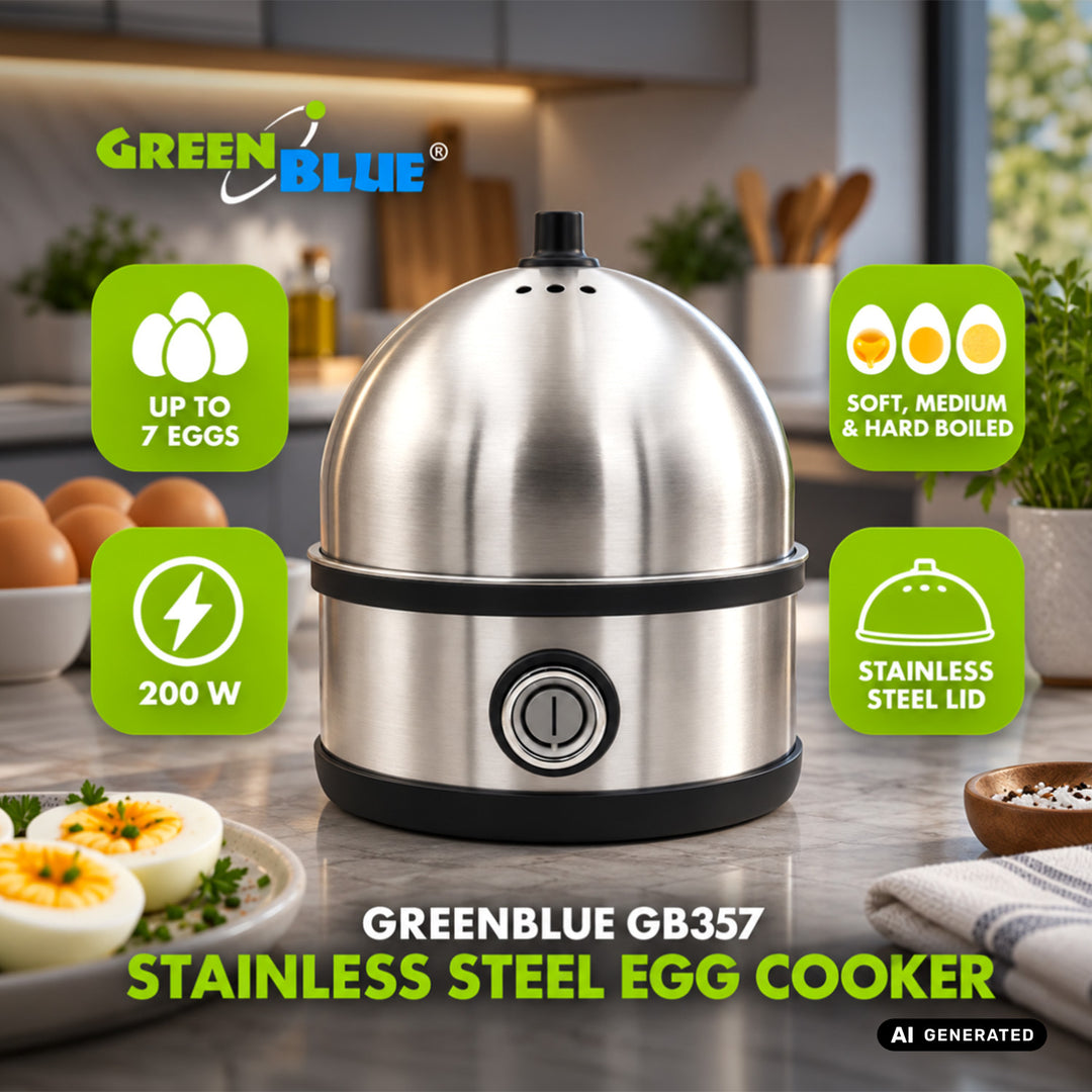 Varenie vajec z nehrdzavejúcej ocele GreenBlue, výkon 200 W, až na 7 vajec, odmerka, 220–240 V~, 50/60 Hz, GB357