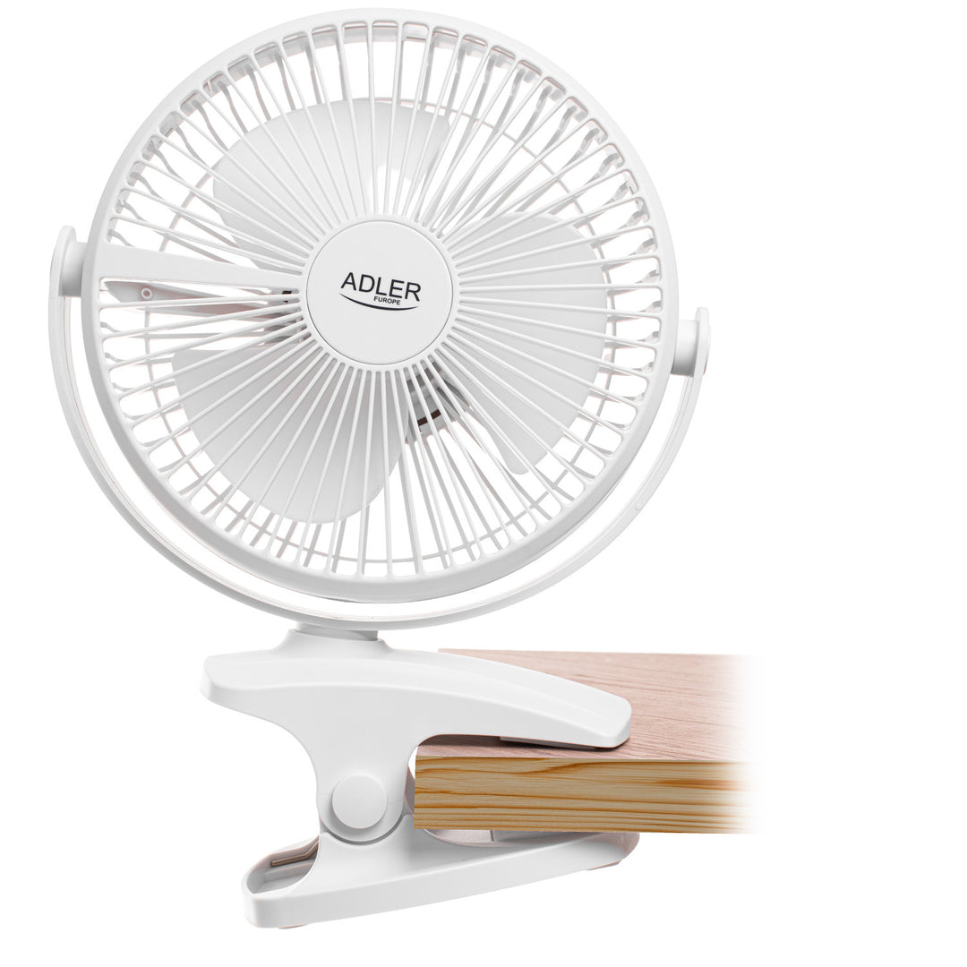 Stolný ventilátor s klipom, na batériu, 15,5 cm, otočný o 360°, USB-C, Adler