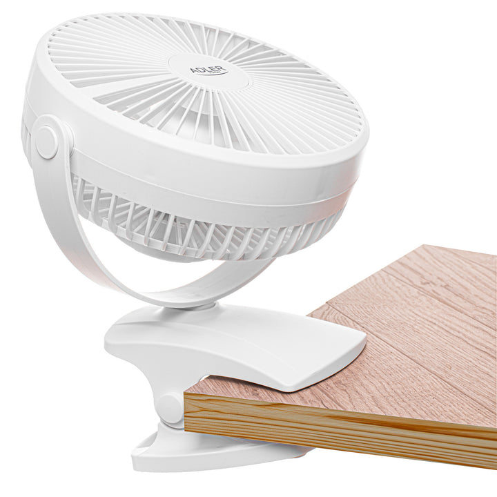 Stolný ventilátor s klipom, na batériu, 15,5 cm, otočný o 360°, USB-C, Adler