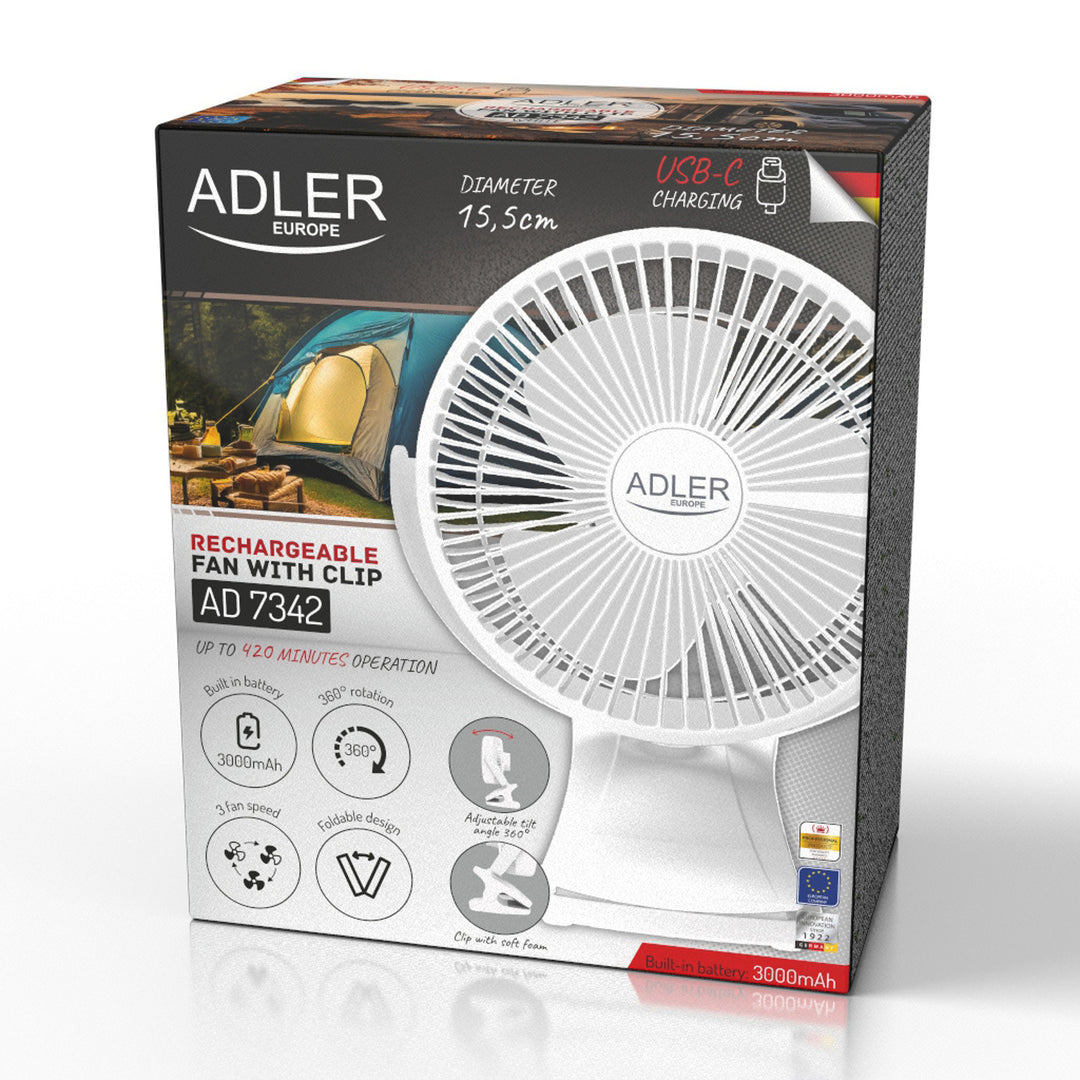 Stolný ventilátor s klipom, na batériu, 15,5 cm, otočný o 360°, USB-C, Adler