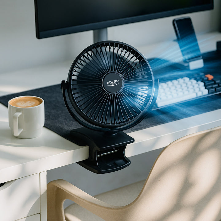 Stolný ventilátor s klipom, na batériu, 15,5 cm, otočný o 360°, USB-C, Adler