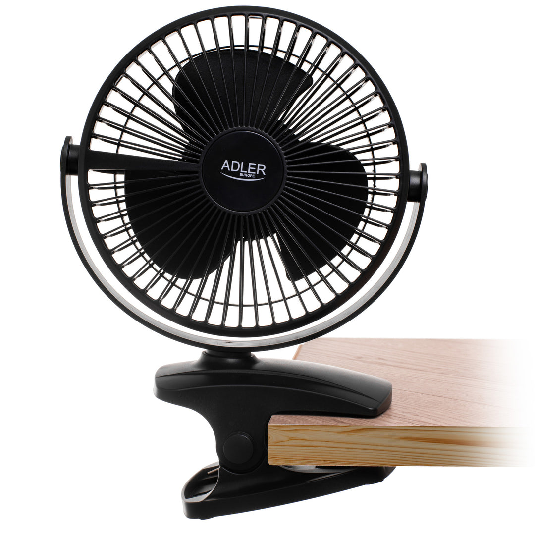 Stolný ventilátor s klipom, na batériu, 15,5 cm, otočný o 360°, USB-C, Adler