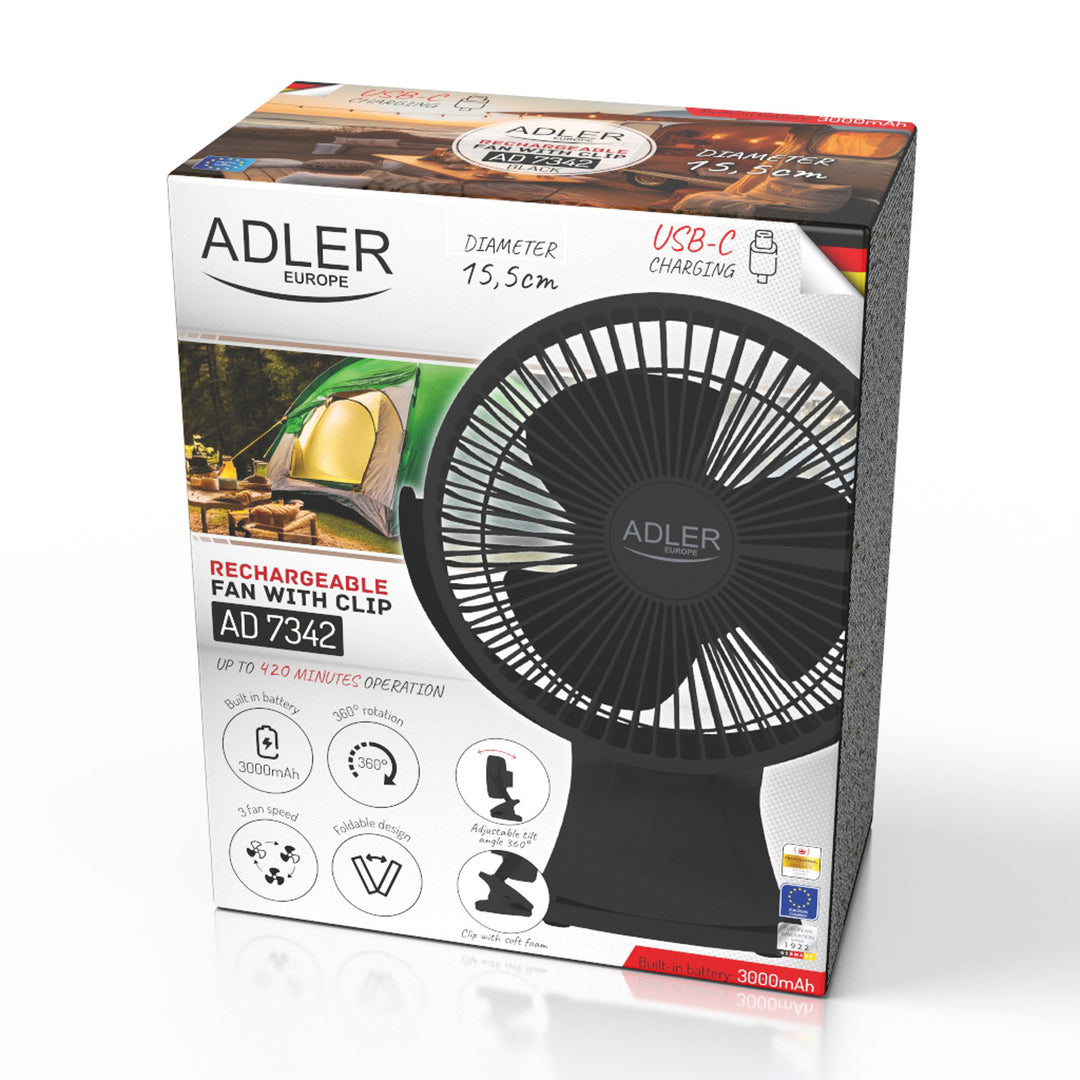 Stolný ventilátor s klipom, na batériu, 15,5 cm, otočný o 360°, USB-C, Adler