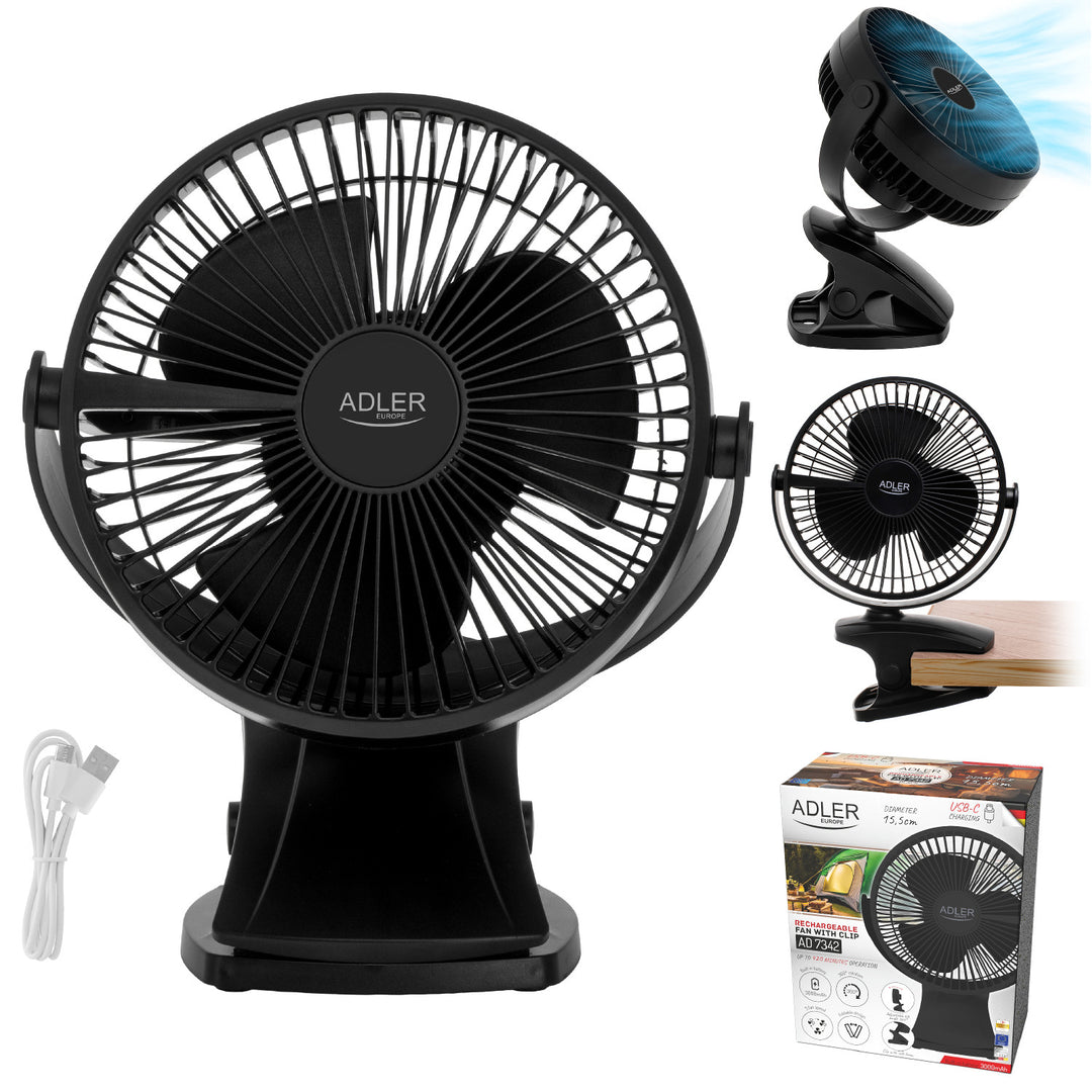 Stolný ventilátor s klipom, na batériu, 15,5 cm, otočný o 360°, USB-C, Adler
