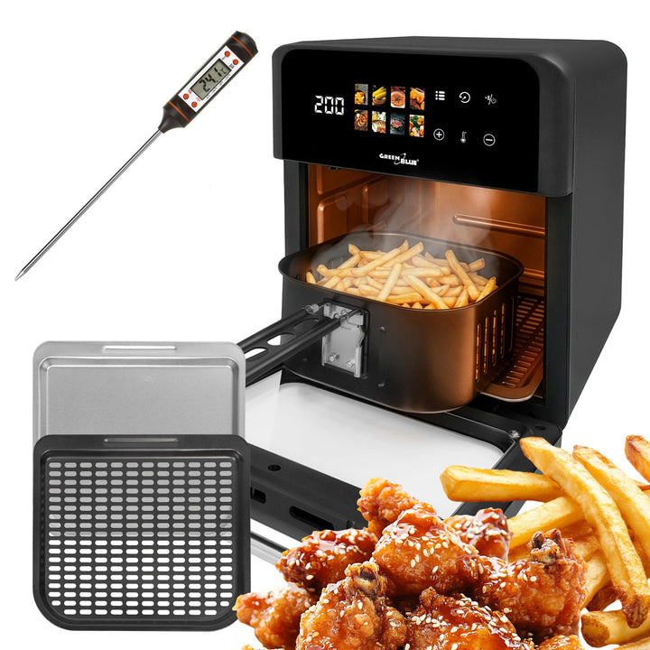 Beztuková fritéza AIR FRYER GreenBlue, výkon 1800 W, objem 10 l, 8 programov, príslušenstvo, časovač, GB950 + teplomer/sonda na potraviny, GreenBlue GB178