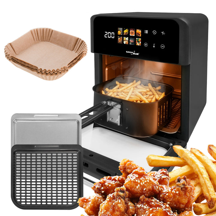 Bezolejová fritéza AIR FRYER GreenBlue, výkon 1800 W, objem 10 l, 8 programov, príslušenstvo, časovač, GB950 + papierové vložky 16 cm, 100 ks