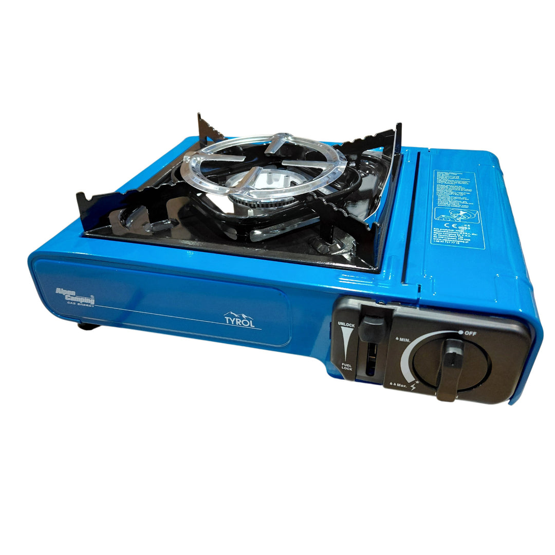 Turistický varič Alpen Camping, výkon: 2,0 kW, spotreba plynu 146 g/h, piezoelektrické zapaľovanie, TYROL+ 4x plynová kartuša 227 g GreenBlue. Certifikát: Pi 0875, v súlade s normou EN 417