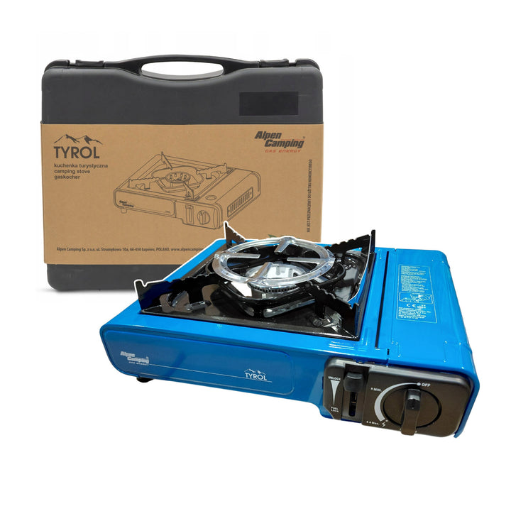 Turistický varič Alpen Camping, výkon: 2,0 kW, spotreba plynu 146 g/h, piezoelektrické zapaľovanie, TYROL+ 4x plynová kartuša 227 g GreenBlue. Certifikát: Pi 0875, v súlade s normou EN 417
