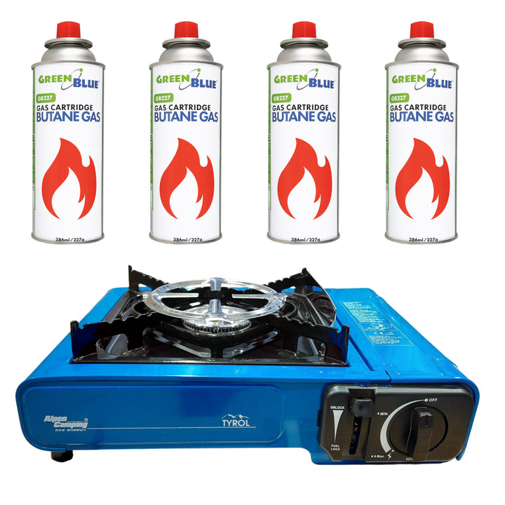 Turistický varič Alpen Camping, výkon: 2,0 kW, spotreba plynu 146 g/h, piezoelektrické zapaľovanie, TYROL+ 4x plynová kartuša 227 g GreenBlue. Certifikát: Pi 0875, v súlade s normou EN 417
