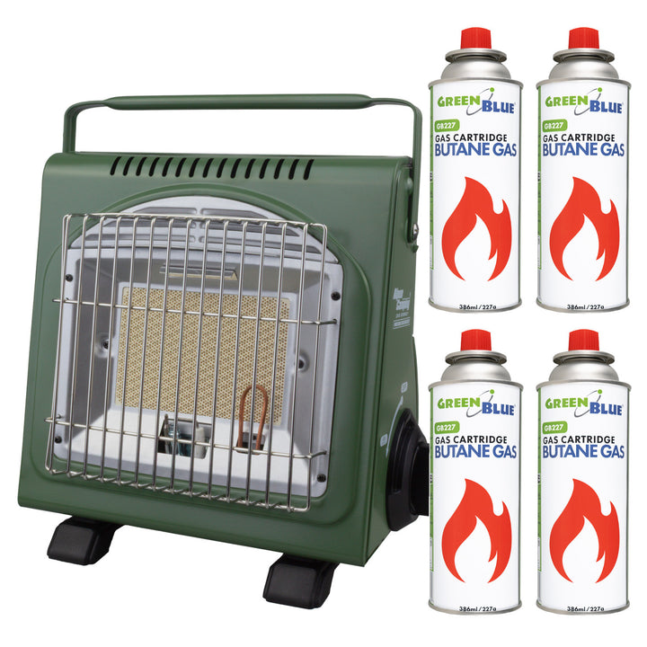 Prenosný plynový varič Alpen Camping, 2 v 1, spotreba plynu 124 g/h, piezoelektrické zapaľovanie, ICELAND IK-1000 PRO+ 4x plynová kartuša 227 g GreenBlue. Certifikát: Pi 0875, v súlade s normou EN 417